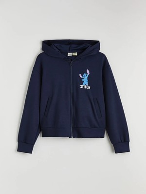 LC Waikiki Lcw Kids Lacivert Stitch Baskılı Kız Çocuk Soft Touch Fermuarlı Sweatshirt