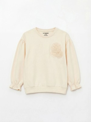 LC Waikiki Lcw Kids Bej Bisiklet Yaka Çiçek Aplikeli Kız Çocuk Sweatshirt