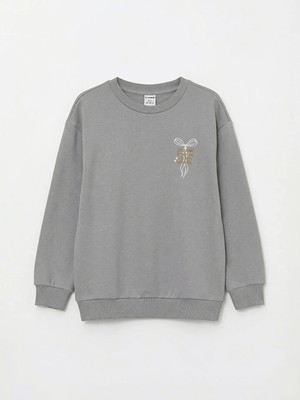 LC Waikiki Lcw Kids Gri Bisiklet Yaka Baskılı Kız Çocuk Sweatshirt