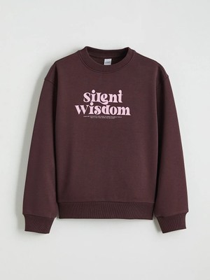 LC Waikiki Lcw Kids Kahverengi Bisiklet Yaka Baskılı Kız Çocuk Kalın Sweatshirt