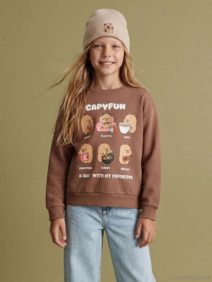 LC Waikiki Lcw Kids Kahverengi Capyfun Baskılı Kız Çocuk Kalın Sweatshirt