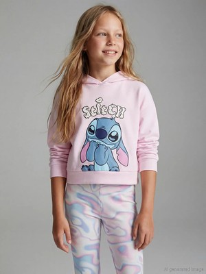 LC Waikiki Lcw Kids Pembe Kapüşonlu Stitch Baskılı Kız Çocuk Sweatshirt
