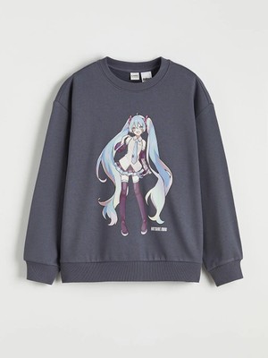 LC Waikiki Lcw Kids Antrasit Hatsune Miku Baskılı Kız Çocuk Kalın Sweatshirt