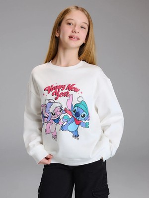 LC Waikiki Lcw Kids Ekru Stitch ve Angel Baskılı Kız Çocuk Kalın Sweatshirt