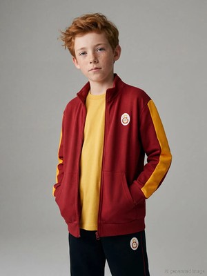 LC Waikiki Lcw Kids Kırmızı Dik Yaka Erkek Çocuk Fermuarlı Sweatshirt Galatasaray Baskılı Günlük Kullanım