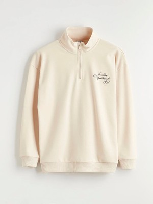 LC Waikiki Lcw Kids Bej Dik Yaka Baskılı Erkek Çocuk Sweatshirt