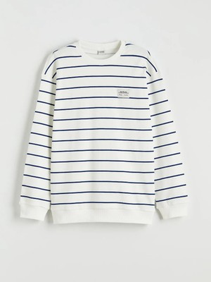 LC Waikiki Lcw Kids Mavi Bisiklet Yaka Çizgili Erkek Çocuk Sweatshirt