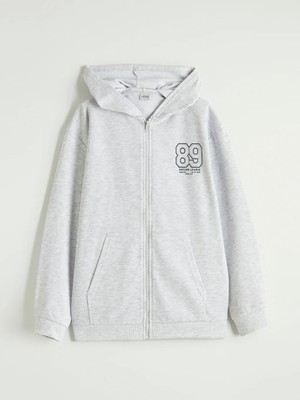 LC Waikiki Lcw Kids Gri Baskılı Kapüşonlu Erkek Çocuk Fermuarlı Sweatshirt