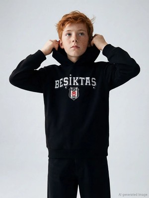 LC Waikiki Lcw Kids Siyah Kapüşonlu Beşiktaş Baskılı Erkek Çocuk Sweatshirt