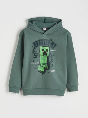 LC Waikiki Lcw Kids Petrol Kapüşonlu Minecraft Baskılı Erkek Çocuk Kalın Sweatshirt