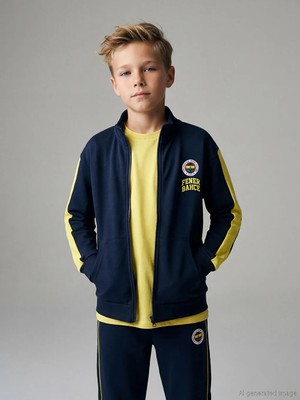 LC Waikiki Lcw Kids Lacivert Dik Yaka Fenerbahçe Baskılı Erkek Çocuk Fermuarlı Sweatshirt