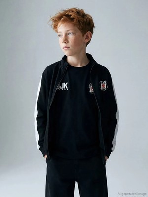 LC Waikiki Lcw Kids Siyah Dik Yaka Beşiktaş Baskılı Erkek Çocuk Fermuarlı Sweatshirt