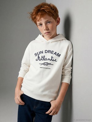 LC Waikiki Lcw Kids Bej Kapüşonlu Baskılı Erkek Çocuk Sweatshirt