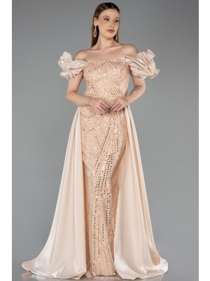 Abiyefon Kayık Yaka Uzun Boncuklu Büyük Beden Abiye ABU5155