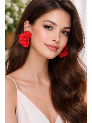 Myth Atelier Red Bloom Büyük Yarım Çiçek Formlu Metalik Kırmızı Küpe - Şık ve Gösterişli, Hediye, Zarif