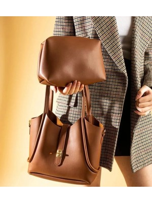 Turqa Taba Renk Deri Içi Süet Yavrulu Makyaj Çantalı Omuz ve Çapraz Çanta