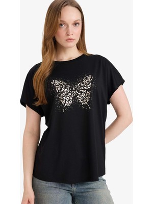 DeFacto Bisiklet Yaka Kelebek Desenli Kısa Kollu Tişört G2882AX26SP