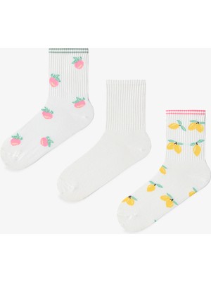 Penti 3 Çift Pamuklu Renkli Meyve Desenli Çizgi Detaylı Soket Çorap