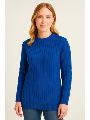 Mericline Bisiklet Yuvarlak Yaka Triko Kazak Pamuklu Kalın Fitilli Dokuma, Regular Fit Uzun Kollu Kışlık Model - Saks Mavisi