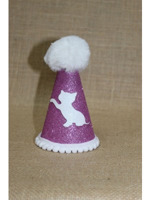 Feyza Design Lila Eva Lastikli Kedi Doğum Günü Parti Şapkası, Ponponlu, 13 cm