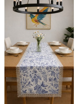 Rona Home Güpürlü Mavi Runner Masa Örtüsü Yaprak Desenli - Lüks Şık Yemek Masası Mutfak Salon Masa Şalı