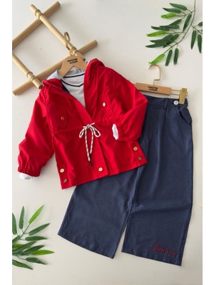 Miniğimin Cicileri Kapüşonlu Beli Büzgülü Ceketli Bol Paça Pantolonlu Kız Çocuk 2’li Takım - Kırmızı
