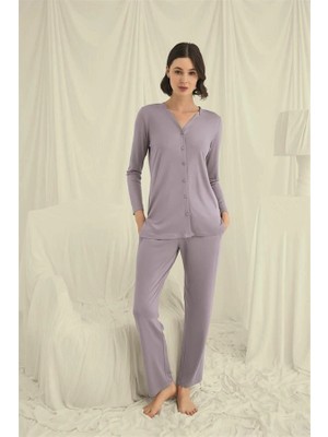 Aria's Closet Arias Closet Uzun Kollu Boydan Düğmeli V Yaka Pijama Takımı