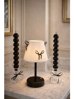 Maison Avf 3’lü Dekoratif Set: Siyah Fiyonk Şarjlı Masa Lambası Alt Uzun Siyah & 2'li Cam Şamdan & Bubble Mum