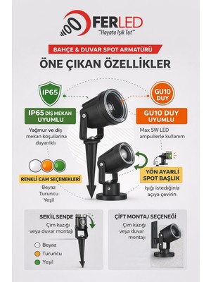 Ferled GU10 Duyulu IP65 Çim ve Duvar Spot Armatür | Dış Mekan Bahçe Aydınlatma | Yön Ayarlı | Max 5W