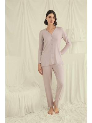 Aria's Closet Uzun Kollu Boydan Düğmeli V Yaka Pijama Takımı