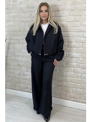 Muna Boutique Lacivert Fermuarlı Pantolon Ceket Kadın Alt Üst Takım