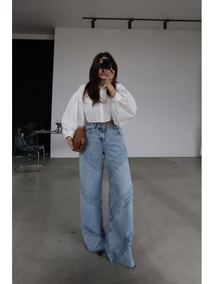 Özge Özgenç Lazer Kesikli Geniş Kalıp Jean