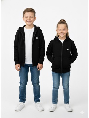 Ege Bebek Unisex 9-10-11-12-13 Yaş 3 Ip Şardonlu Siyah Kapüşonlu Fermuarlı Sweatshirt, Okul Hırka