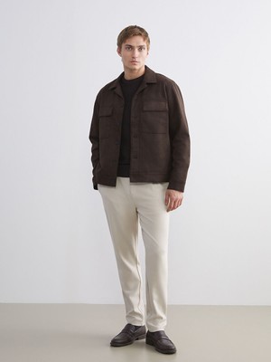 LC Waikiki Kahverengi Standart Kalıp Gömlek Yaka Süet Erkek Mont