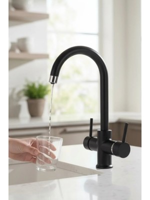 İsaoğlu Yapı Siyah Arıtmalı Evye Bataryası Modern Tasarım Pirinç Malzeme Arıtıcılı