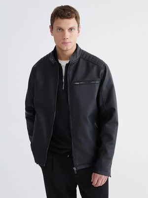 LC Waikiki Siyah Standart Kalıp Dik Yaka Erkek Deri Görünümlü Mont  (S6)