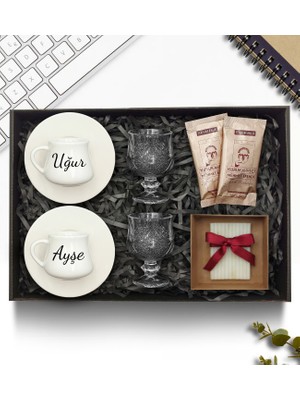 As Gift Porselen Tabaklı Beyaz Fincan Takımı & Cam Su Bardağı & Mehmet Efendi Türk Kahvesi Hediye Seti