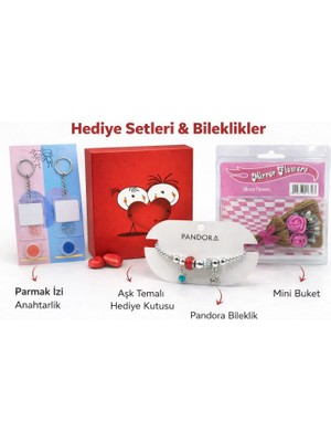 GezegenX 14 Şubat, Hediye Kutusu-Seti, Mini Gül Buketi, Parmak Izli Anahtarlık, Aşk Temalı Hediye Kutusu Sevgiliye Hediye Seti, Kırmızı Renkte Aşk Temalı Hediye