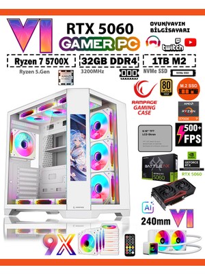 Zeiron Rampage LCD X32 Pro White 💎 Ryzen 7 5700X 32GB Ram 1tb M.2 Nvme SSD 8gb Gddr7 RTX5060 Sıvı Soğutmalı Premium Oyuncu Masaüstü Bilgisayarı