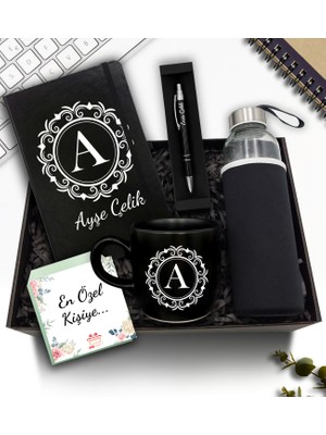 As Gift Kişiye Özel Siyah Defter & H2O Kılıflı Su Matarası & Siyah Kupa & Siyah Kalem Hediye Seti