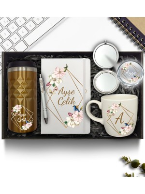 As Gift Kişiye Özel Gold Termos & Beyaz Defter & Beyaz Kupa & Krom Ayna & Beyaz Kalem Hediye Seti