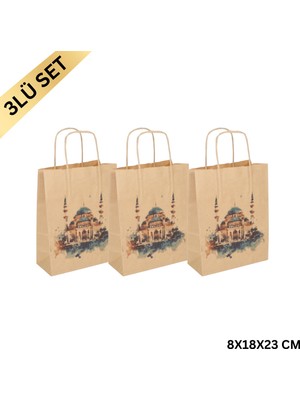 Roco Paper Co. Ramazan Hediyelik Paketleme Çantası, 3lü Paket, Cami Tasarımlı Kraft Kağıt Çanta Seti, 8X18X23 cm