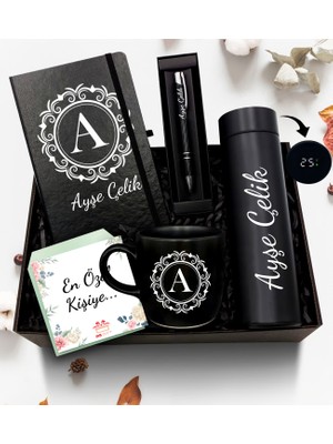 As Gift Kişiye Özel Siyah 500 ml Dereceli Termos & Defter & Kupa & Kalem Hediye Seti