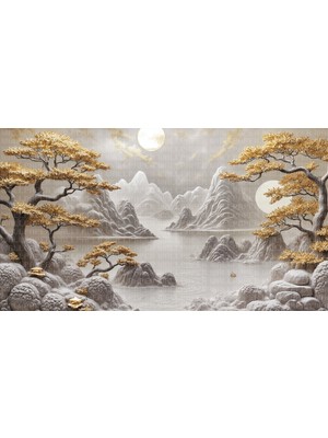 Arterior Wallpaper Altın Çiçekli Ağaçlar ve Manzara Poster Duvar Kağıdı