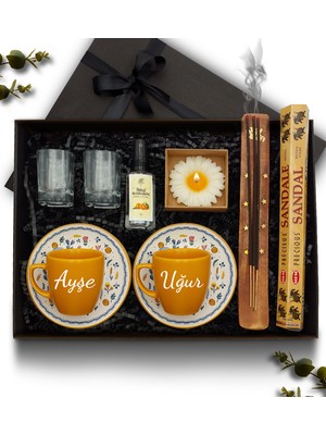 As Gift 2'li Turuncu Fincan & Kolonya & Çiçek Mum & Çubuk Tütsü & Kahve Yanı Su Bardağı Hediye Seti