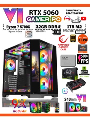 Zeiron Rampage LCD X32 💎 Ryzen 7 5700X 32GB Ram 1tb M.2 Nvme SSD 8gb Gddr7 RTX5060 Sıvı Soğutmalı Premium Oyuncu Masaüstü Bilgisayarı