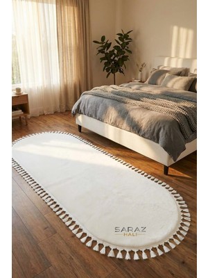 Saraz Halı Puffy Beyaz Oval Örgü Saçaklı Peluş Yumuşacık Yıkanabilir Kaymaz Taban Halı Salon Oturma Odası