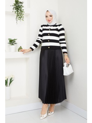 RFK Butik Kadın Düğme Detaylı Çizgili Tesettür Triko Hırka Etekli Takım - Siyah