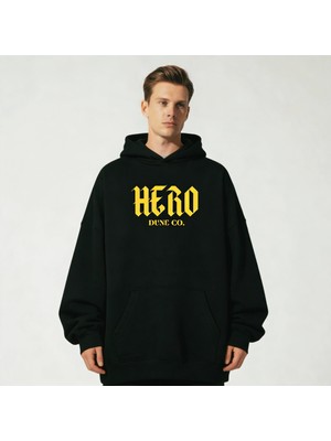 Hero Oversize 3 Iplik Şardonlu Pamuk Baskılı Siyah Kapüşonlu Sweatshirt