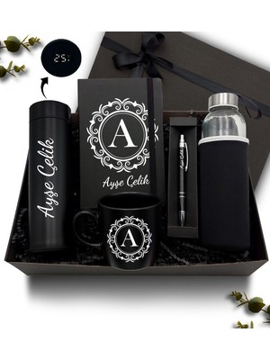 As Gift Kişiye Özel Siyah 500 ml Dereceli Termos & Kupa & Defter & Cam Suluk & Kalem Hediye Seti